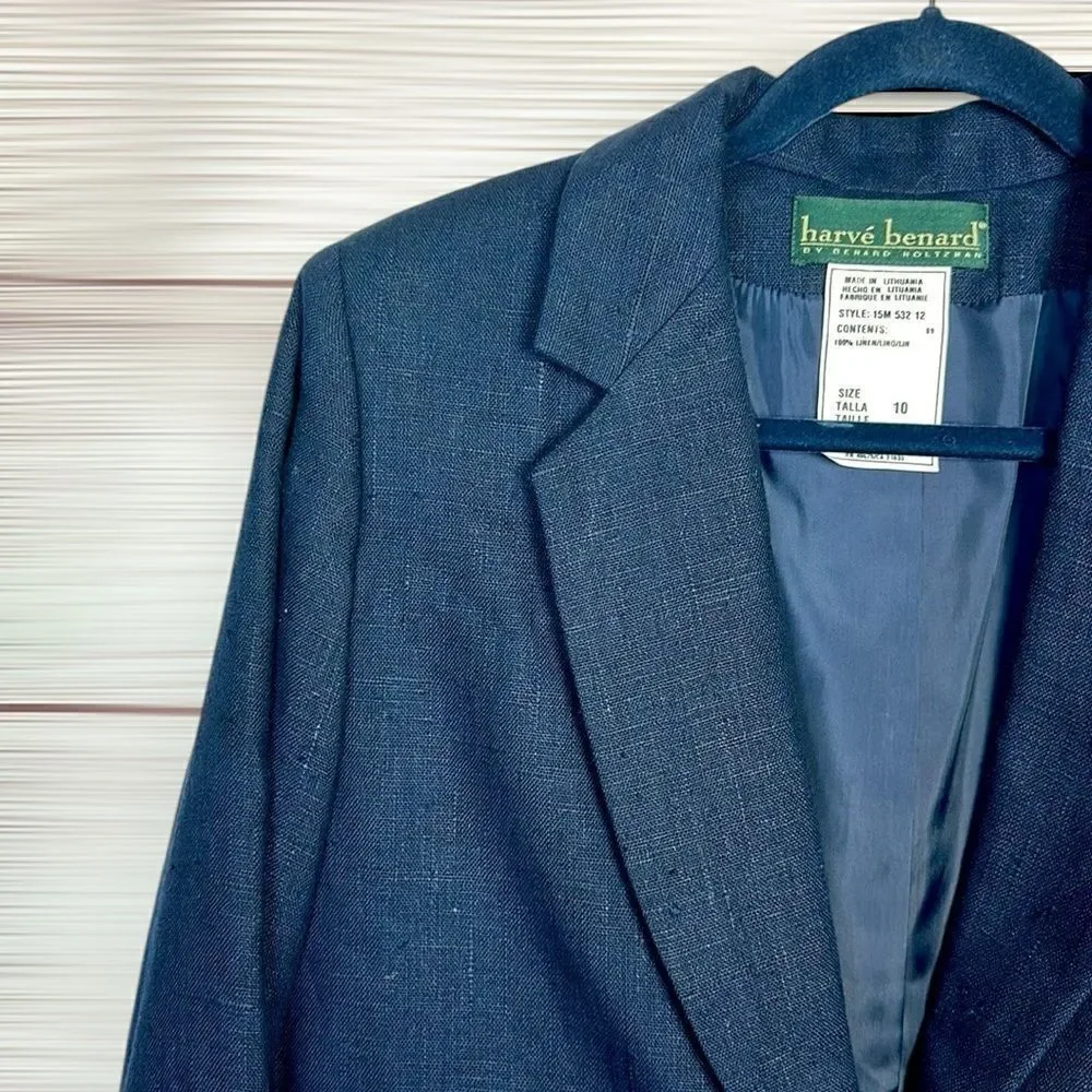 NWT Harve Benard Blue Linen Blazer Single Button Front  US 10 Vintage